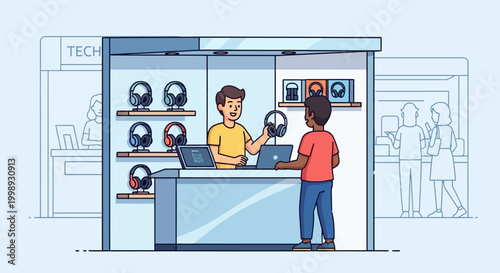 Customer Buying Headphones at Electronics Store Counter.
