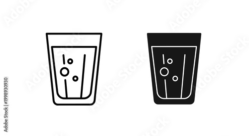 Minimalist water glass icons, sparkling soda beverage vector set, black and white line art of refreshing drink with bubbles for menu design