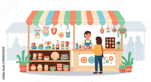 Customer buys handmade crafts at a vibrant market stall.