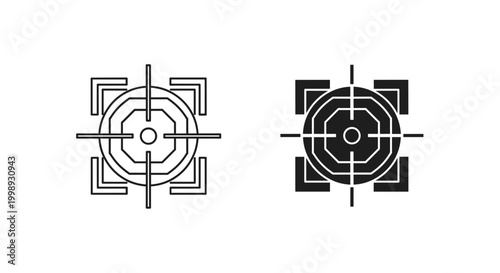 Minimalist target crosshair icons, black line and solid vector bullseye symbols, precision aim and focus UI elements for gaming and business