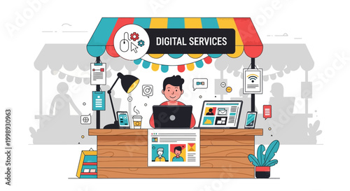 Digital Services Booth with Entrepreneur Working on Laptop.
