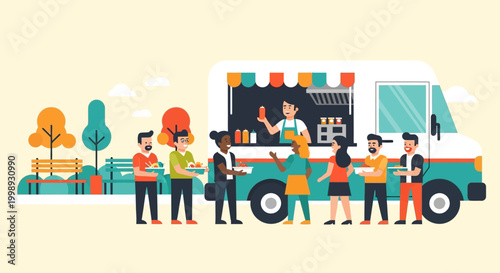 Diverse group of people queuing at a food truck.