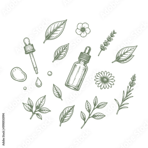 Comprehensive botanical herb vector set with essential oil bottles and floral elements in a classic woodcut engraving style for apothecary design