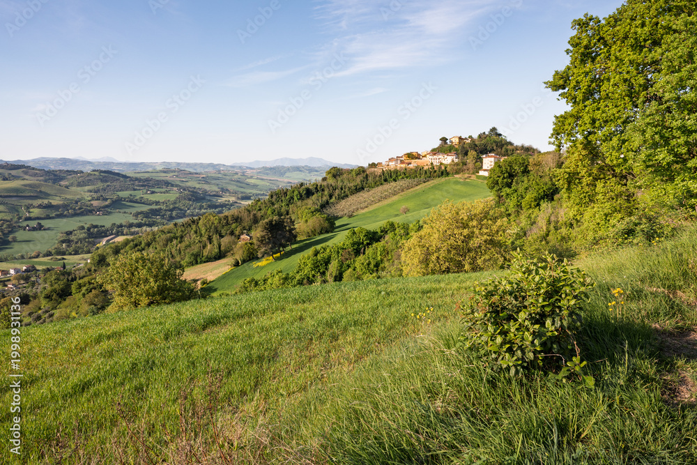 Obraz premium A view of Belvedere Fogliense, a little village on a hill, between Pesaro and Urbino in the Montefeltro region of Italy