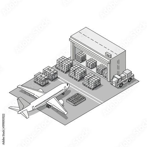 Isometric View of Air Cargo Logistics and Distribution.