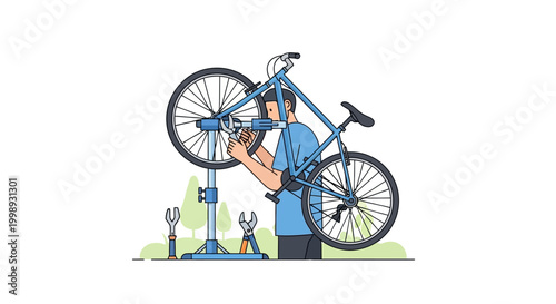 Man repairing bicycle on stand with tools nearby.