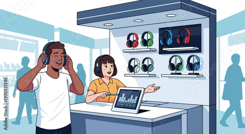 Man trying on headphones in electronics store with sales assistant.