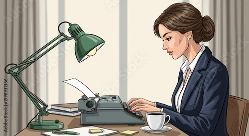 Businesswoman writing on vintage typewriter at desk with lamp and coffee