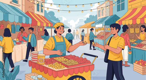 Street food vendor serving customer at market stall.