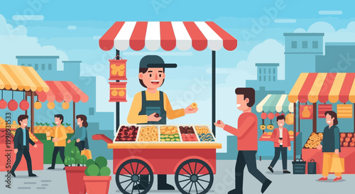 Street vendor selling colorful fruits and vegetables at a market stall.