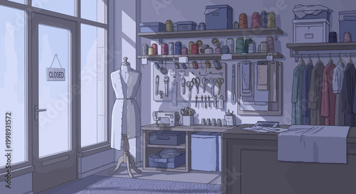 Tailor Shop Interior with Mannequin and Sewing Supplies.