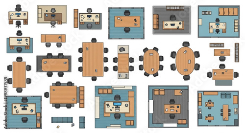 Top Down View Of Various Office Meeting Room Layouts And Designs.