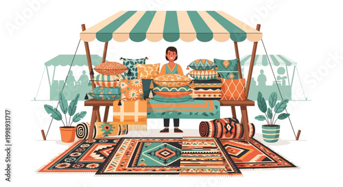 Woman selling colorful textiles at outdoor market stall.
