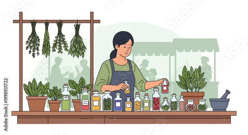 Woman Herbalist Preparing Natural Remedies at Market Stall.