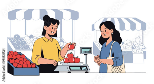 Woman selling fresh tomatoes at market stall to customer.