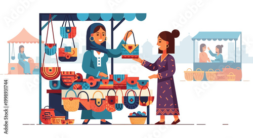 Woman selling handmade bags at a vibrant market stall.