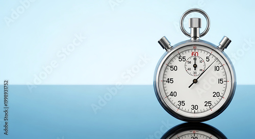 Vintage Stopwatch Timer Measuring Time with Reflection on Blue Reflective Surface