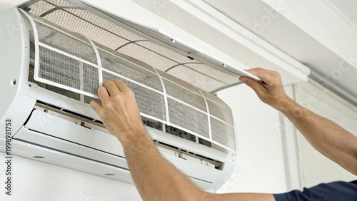 A person is removing and cleaning a dirty air conditioner filter from a wall-mounted indoor unit.
