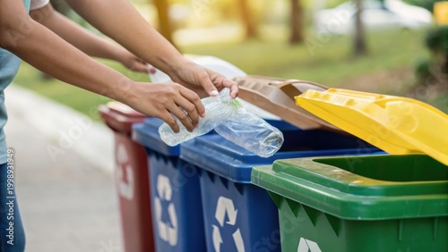 Person disposing plastic bottles into a blue recycling bin outdoors among other color-coded waste bins.