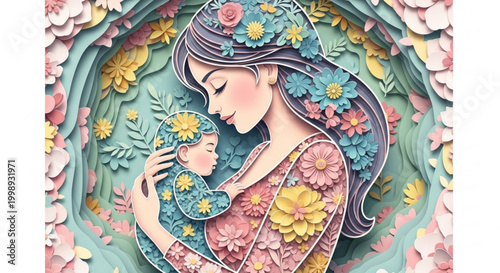 Mother and baby embrace surrounded by colorful floral patterns and soft petals