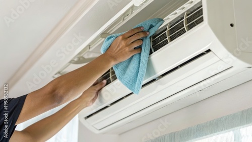 A person cleaning the indoor unit of a split air conditioner with a cloth, focusing on maintenance and hygiene.