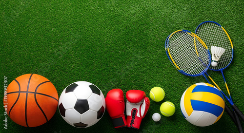 Collection of various sports equipment arranged on a green grassy surface