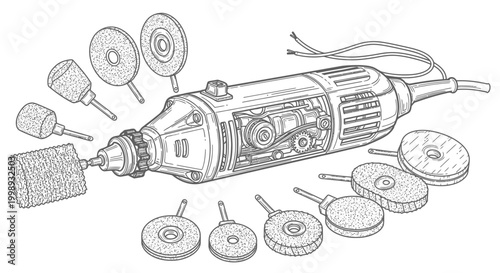 Detailed illustration of a rotary tool and its various attachments