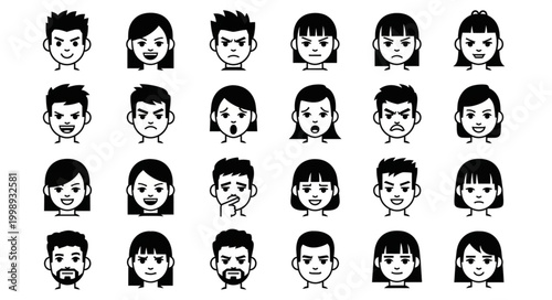 Collection of Diverse Cartoon Faces Expressing Various Emotions.