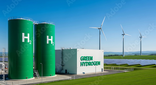 Green hydrogen production facility with wind turbines and solar panels under a clear blue sky