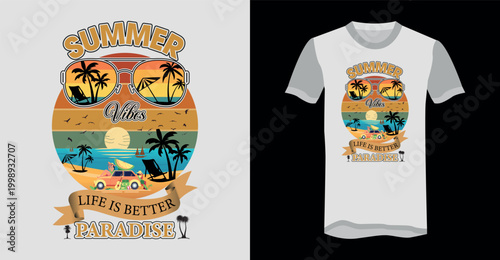 Summer Vintage T-Shirt Design Retro Sunset Beach Palm Tree Van Paradise Typography Graphic
