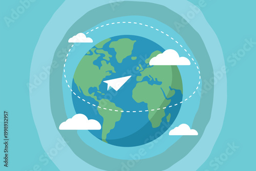 Paper Plane Flying Around Globe Travel Concept Airplane Journey Across World Tourism Adventure Vector Illustration with Earth and Flight Path