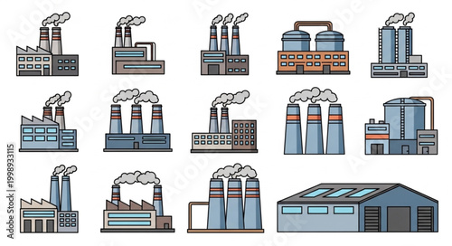 Collection of Industrial Factory Buildings with Smoke Stacks.