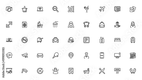 Hotel and Accommodation icon set. Vector symbols for hotel, receptionist, key, wifi, swimming pool, restaurant, parking, gym and more. Minimal linear icons.