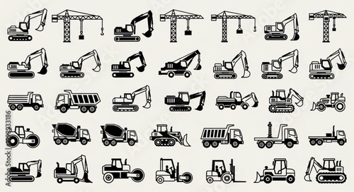 Collection of Construction Vehicles and Equipment Silhouettes.