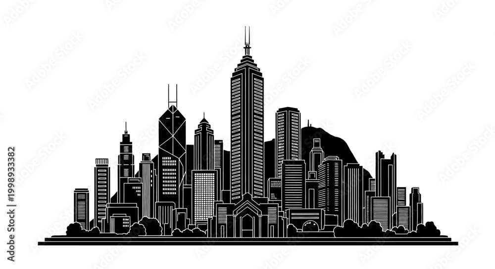 Obraz premium Hong Kong City Skyline Silhouette ? Minimalist Urban Vector Illustration