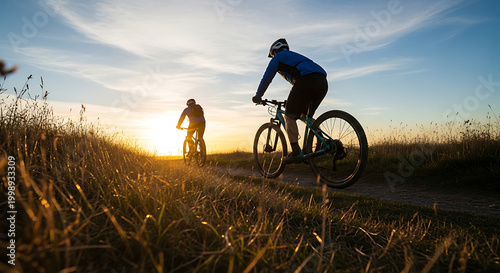 Two cyclists riding mountain bikes on a trail during a golden sunset with tall grass in the foreground.