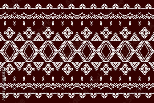 Ikat cross stitch geometric embroidery seamless knitted pattern on damask background. Perfect decorative design for sweater, fabric, decoration, illustration, ornament, texture, textile, interior