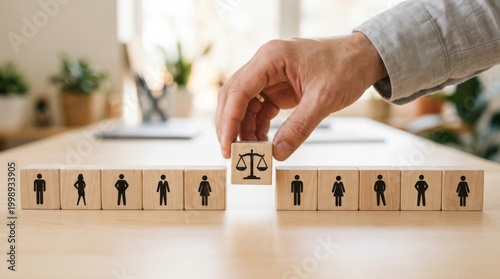 Hand Placing Justice Scales Block Between Wooden People Figures