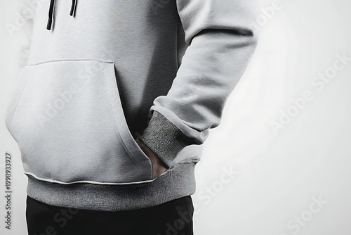 Close up of a person wearing a grey hoodie with hands in pockets.