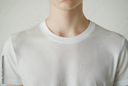Close up of a person wearing a plain white t-shirt.