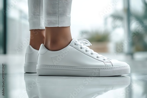 Close up of a person wearing clean white leather sneakers and white jeans.