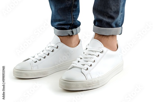 Close up of a person wearing white sneakers and blue jeans on a white background.