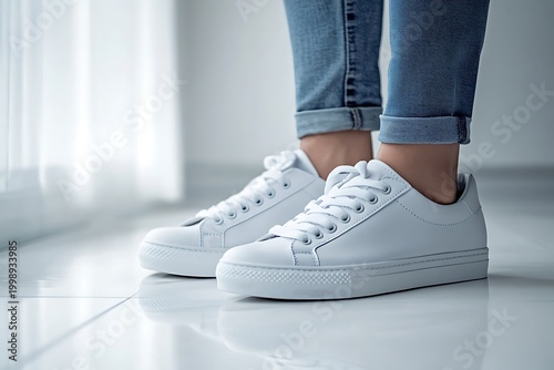 Close up of a person wearing white sneakers and blue jeans standing on a white floor.