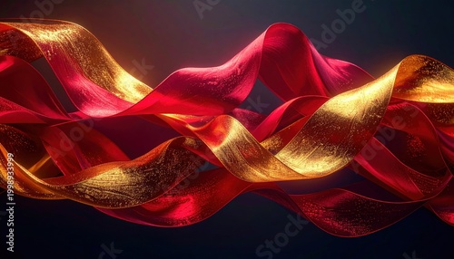 Flowing Abstract Ribbons of Red and Gold Fabric with Luxurious Texture