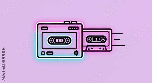 Retro cassette player with tape, vintage audio technology, music nostalgia, pastel background