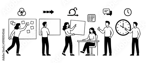 Agile Project Management Team Workflow Process Infographic, Business People Planning Strategy and Scrum Methodology Development Cycle, Linear Vector Illustration for Office Corporate Collaboration Con