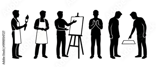 Artist silhouettes set with easel and tools, man working in art studio, professional painter standing, painting demonstration and creative process poses, vector black icon collection on white backgrou