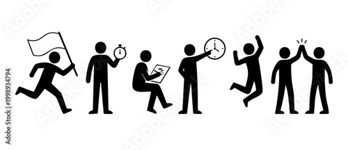 Stick figure business icons set, professional people actions and productivity tasks, isolated black vector silhouettes collection showing planning, achievement, teamwork, deadlines and time management