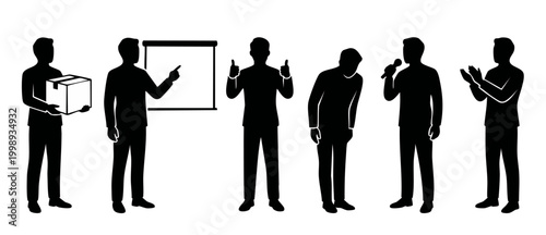 Business Men Silhouettes Set, Professional Activities and Office Gestures Collection, Isolated Black Icons on White Background, Presentation, Delivery, Success, Respect, Public Speaking and Applause C