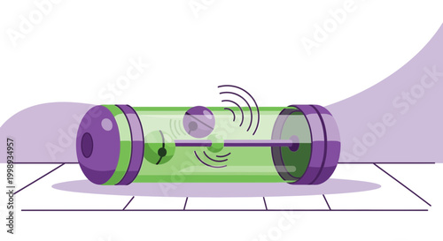 Abstract scientific experiment with vibrating sphere inside a transparent cylinder